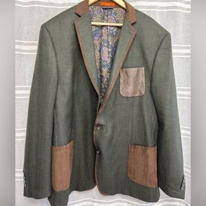 Tallia Wool Blazer Green with Brown Suede Trim & Pockets Leather Chest Pocket